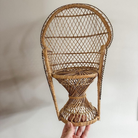 Other - Peacock Wicker Fan Back Rattan Chair 16" Doll Plant Stand Boho Cottage Core